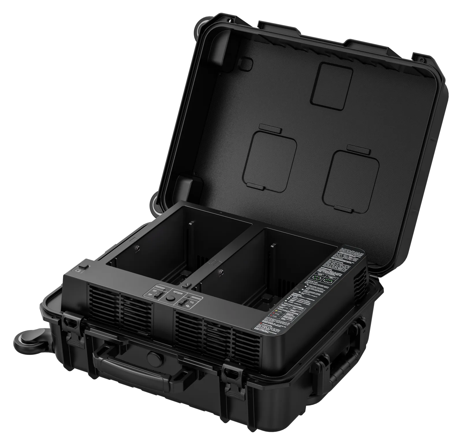 Geöffnete Smart Battery Station mit Akkufächern