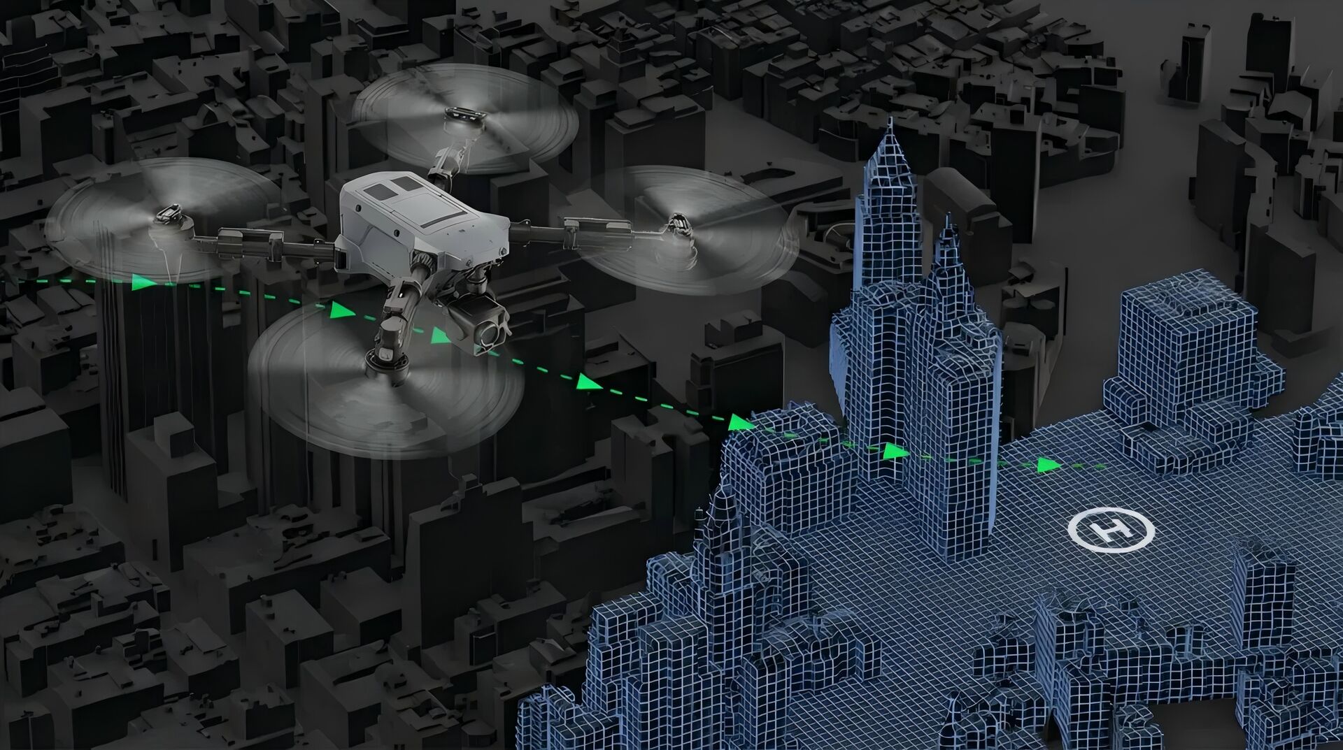 Apex über einem 3D-Stadtmodell mit geplanter Flugroute