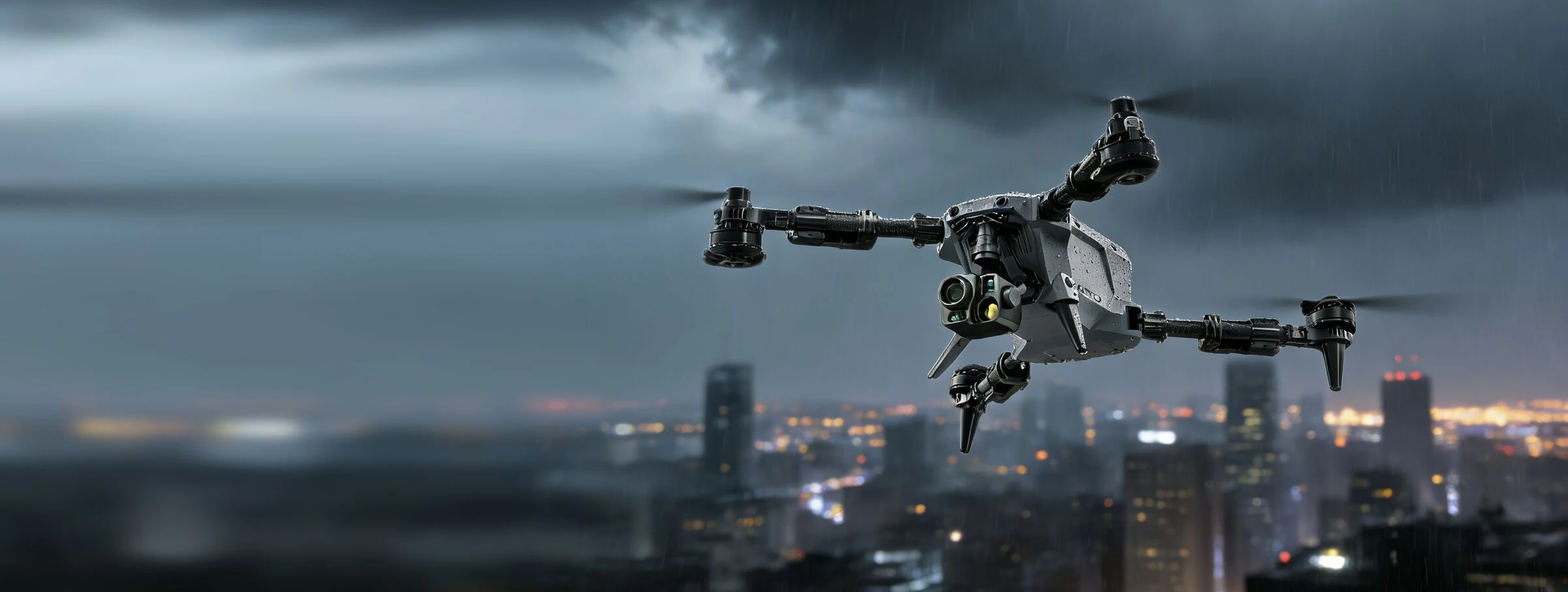 Autel Apex im Flug über einer Großstadt bei Gewitterhimmel