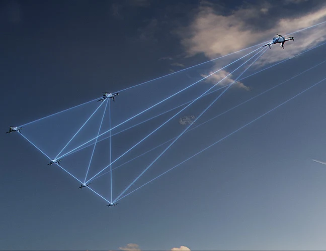 Mehrere EVO III am Himmel, durch Linien zu einem Mesh-Netz verbunden