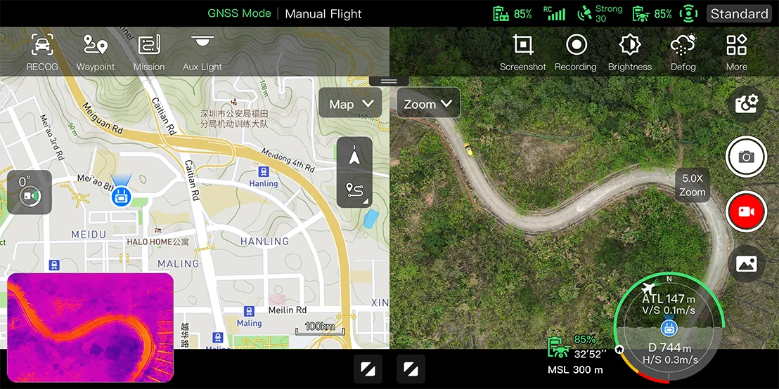App mit geteiltem Bildschirm aus Karte und Wärmebild