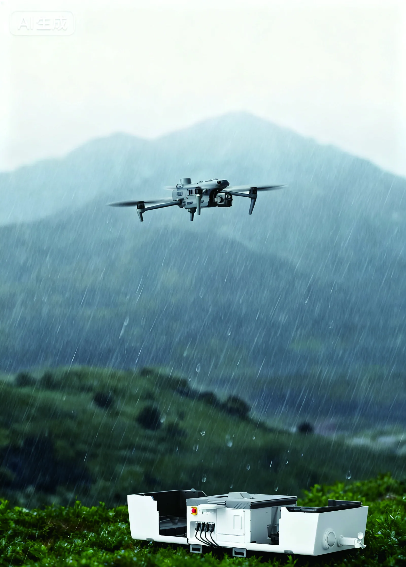 EVO III startet bei Regen aus dem EVO Nest 2 im Gebirge