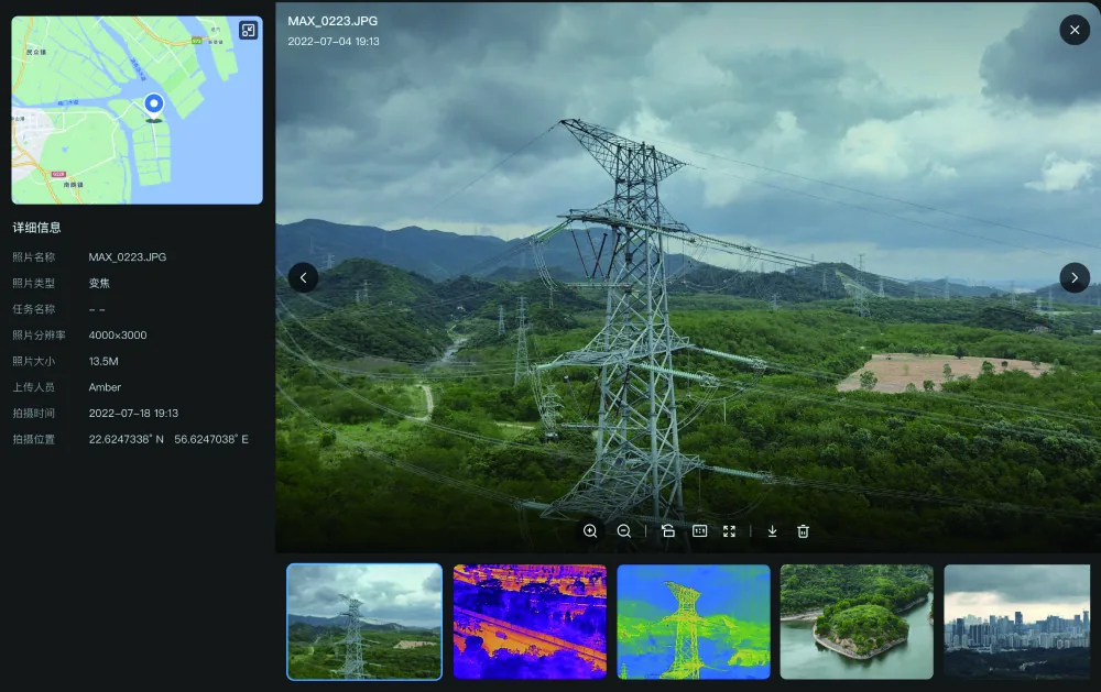 Oberfläche der Cloud-Plattform mit Strommast und Wärmebild-Aufnahmen