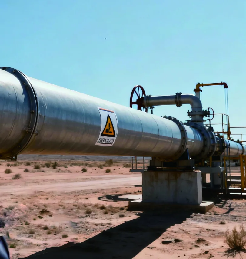 Pipeline mit Warnschild in trockener Landschaft