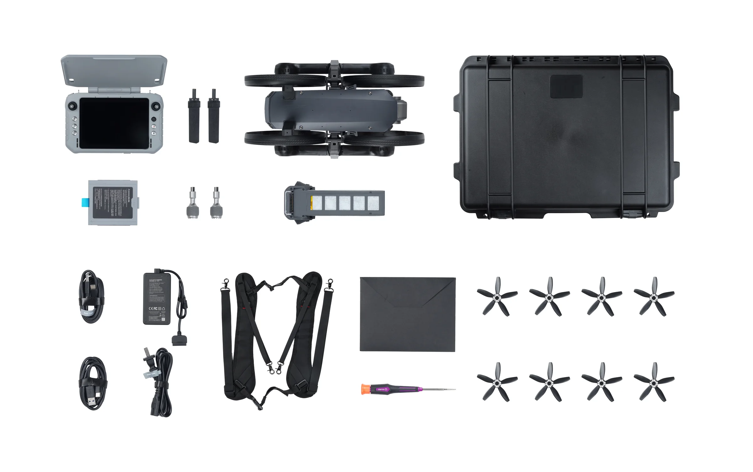 Lieferumfang des Autel Explorer Flex: Fluggerät, Controller, Akkus, Ladegerät, Kabel, Tragegurt, Propeller und Transportkoffer